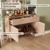 A wooden sideboard with two drawers and two cabinets, displaying various items like coffee bags, cups, bottles, and fruit. Podgląd zdjęcia produktu