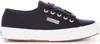A single navy blue Superga sneaker with a white sole and brown outsole is shown against a white background. Produktbild-Vorschau