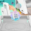 Collage showing a child's hand touching a step stool handle, a close-up of the textured step, and the step stool itself. Produktbild-Vorschau