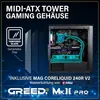 A marketing image for a MIDI-ATX tower gaming case, highlighting its tempered glass and including a water cooling system. Produktbild-Vorschau