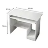 A white computer desk with dimensions indicated by measurement lines and text. Produktbild-Vorschau