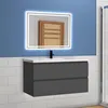 A modern bathroom vanity with a mirror and faucet. Produktbild-Vorschau