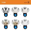 A collage demonstrating the tare function of a digital kitchen scale with a stainless steel bowl. The sequence shows the empty bowl, the bowl with a white substance, the tare function setting it to zero, the bowl with a mixture of herbs and spices, and the Produktbild-Vorschau