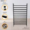 A black metal wine rack with multiple shelves, shown with informational graphics on the left side. Podgląd zdjęcia produktu
