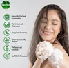 A woman is shown smiling while holding a loofah with soap suds, with product feature callouts on the left. Produktbild-Vorschau