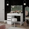 A white vanity table with LED lighting and a stool in a room with a black and gold patterned wallpaper. Produktbild-Vorschau