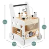 A white wooden baby walker with various attached toys and activities, shown from a slightly angled front view. Produktbild-Vorschau