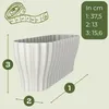 A white planter with measurement indicators and a measuring tape graphic. Produktbild-Vorschau
