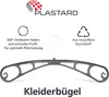 A dark gray plastic hanger with informational icons and text above it, on a white background. Produktbild-Vorschau