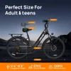 A black electric bicycle is shown with various measurements and specifications highlighted with text overlays. Produktbild-Vorschau