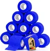 A pyramid of blue self-adhesive bandages is stacked against a white background. A tag with a number '1' and German text is attached to one of the bandages in the foreground. Produktbild-Vorschau