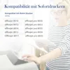 A woman in a striped shirt is holding a tablet and looking at a printer. A list of compatible printers is displayed. Produktbild-Vorschau
