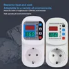 Two voltage/current protector plugs are shown side-by-side against a dark background with ice-like graphics. Text overlays describe product features. Anteprima dell’immagine prodotto