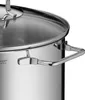 A close-up view of a stainless steel pot with a glass lid and handles. Produktbild-Vorschau