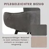 Close-up of a chair's fabric upholstery, with text describing its features and two color swatches. Produktbild-Vorschau