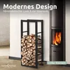 A black metal firewood rack filled with logs is positioned next to a modern black wood-burning stove. The scene is set indoors with a white wall in the background. Produktbild-Vorschau