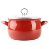 A red enamel pot with a glass lid and silver handles is shown against a white background. Podgląd zdjęcia produktu