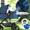 A close-up of a blue stroller with a detailed view of its safety harness and certifications. Produktbild-Vorschau