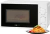 A white Clatronic microwave oven is shown from the front-left angle, with a plate of spaghetti in the foreground. Produktbild-Vorschau
