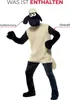A person wearing a Shaun the Sheep costume, with labels pointing to parts of the costume. Produktbild-Vorschau