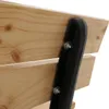 Close-up of a wooden bench with black metal supports and visible bolts. Produktbild-Vorschau