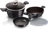 A set of cookware, including a pot with a lid, a frying pan, and a deeper pan, arranged on a white background. Produktbild-Vorschau