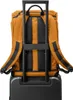 The back of an orange backpack is shown attached to a rolling suitcase. Náhled obrázku produktu