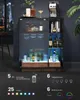 A modern bar cabinet with LED lighting, showcasing bottles of alcohol, glassware, and bar accessories. Produktbild-Vorschau