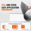 A hand is shown peeling a vinyl floor tile from its backing, with text highlighting 'Peel and Stick: Easy Application' and 'DIY Installation: Hands-On Ease'. Below this, three common installation layouts for floor tiles are illustrated: 1/3 Step Pattern, O Produktbild-Vorschau