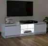 A white TV stand with a black TV and a black media player on top, with two framed pictures on the left side. Produktbild-Vorschau