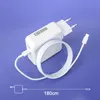 A white power adapter and cable are displayed on a purple background. Produktbild-Vorschau