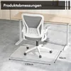 An office chair is placed on a clear floor mat in front of a desk. Dimensions are indicated. Produktbild-Vorschau