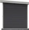 A front view of a dark gray wooden shed with a slanted gray roof. Produktbild-Vorschau
