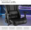 A close-up of a black gaming chair with text overlays describing its features. Produktbild-Vorschau