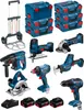 A collection of Bosch power tools and storage cases arranged on a white background. Produktbild-Vorschau