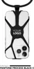 A black phone strap system is attached to the back of a white smartphone, with the strap forming a star-like pattern. The phone has a camera module with three lenses at the bottom. A circular area in the center of the strap has the text 'YOUR LOGO' in whit Voir les images du produit