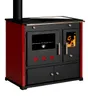A red and black wood-burning stove with an oven and a glass door showing flames. Produktbild-Vorschau