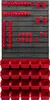 A wall-mounted storage system with red bins and red tool holders on a black pegboard. Produktbild-Vorschau