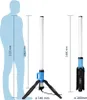A diagram showing the dimensions of a person next to a portable LED work light on a tripod, and a separate view of the light. Náhled obrázku produktu