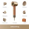 A collage of a hairdryer and its accessories, with text labels. Produktbild-Vorschau