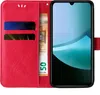 A red flip cover phone case with card slots and a banknote is shown open, revealing a smartphone screen. Produktbild-Vorschau