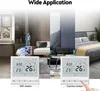 A collage of different room settings with a smart thermostat displayed in the foreground. Voir les images du produit