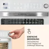 A close-up of a white oven with a digital display and a hand turning a dial, accompanied by marketing text and an icon. Produktbild-Vorschau