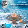 A pool cleaning robot submerged in clear blue water, with bubbles and light reflections. Produktbild-Vorschau