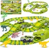A collage of images showing a dinosaur-themed race track toy set for children, including the product packaging and a detailed view of the assembled track with toy cars and dinosaurs. Produktbild-Vorschau