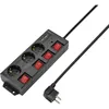 A black power strip with multiple outlets and switches, along with two USB ports, is shown against a white background. The power cord and plug are also visible. Produktbild-Vorschau