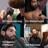 A collage of four images showing different uses of a grooming device, with German text overlays. Produktbild-Vorschau