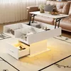 A modern living room with a white lift-top coffee table in front of a brown leather sofa. Produktbild-Vorschau