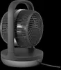 A black desk fan with a gray base on a black background. Voir les images du produit