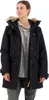 A woman wearing a black parka with a grey hoodie underneath, standing against a white background. Produktbild-Vorschau